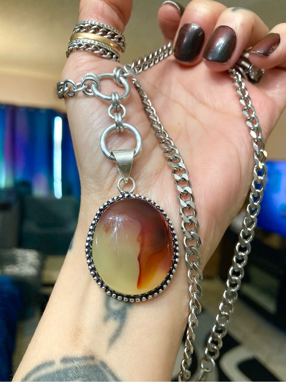 Agate gemstone maille lariat Y shape Cuban stainless steel boho necklace - Picture 11 of 16